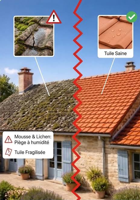 Comparaison entre une tuile fragilisée par la mousse et le lichen et une tuile saine